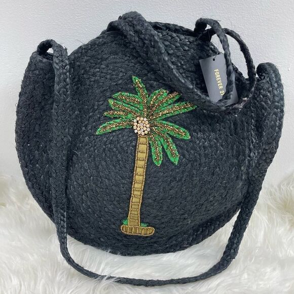 Wicker Tropical Palm Tree round bag black with hand & shoulder handle st… - Picture 1 of 5